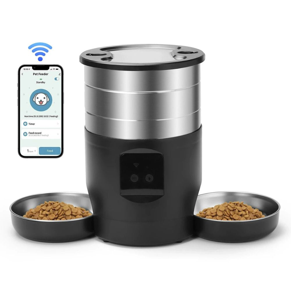 Dual Feeder stainless steel bowls close-up both removable and dishwasher safe