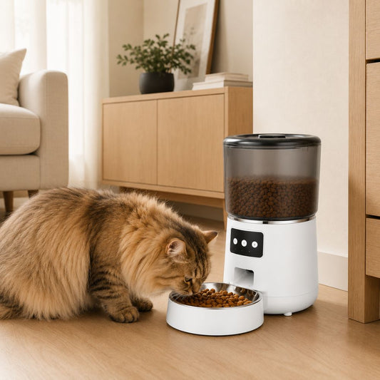 Smart Feeder side view showing transparent 4L food hopper and sealed lid for cat food