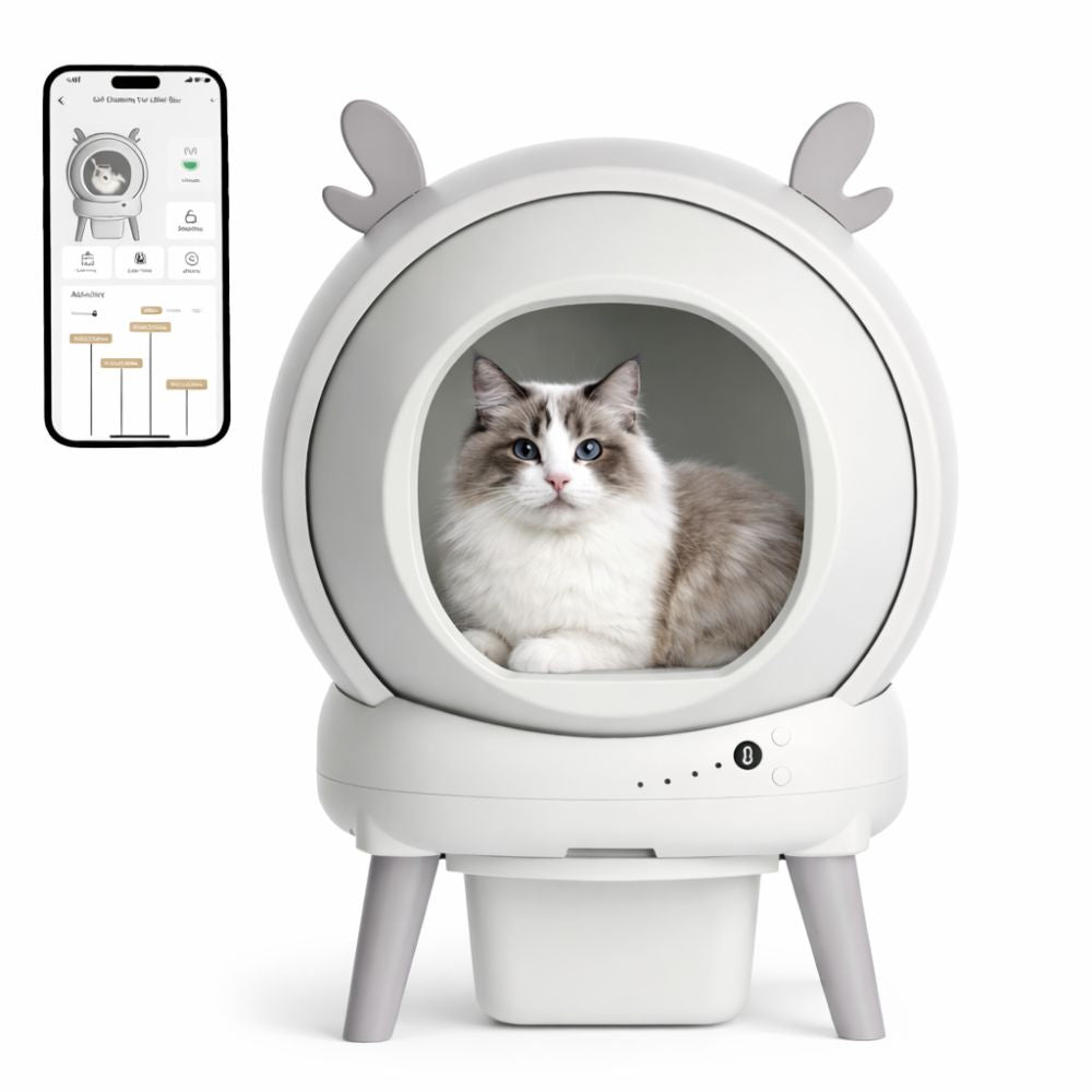 Enclosed globe self-cleaning cat litter box with modern white design