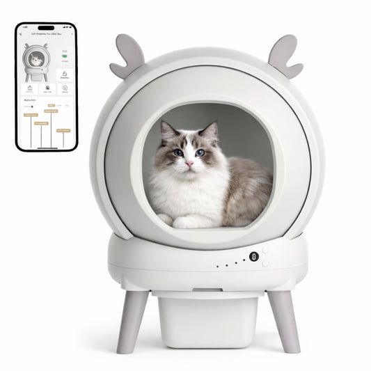 Enclosed globe self-cleaning cat litter box with modern white design