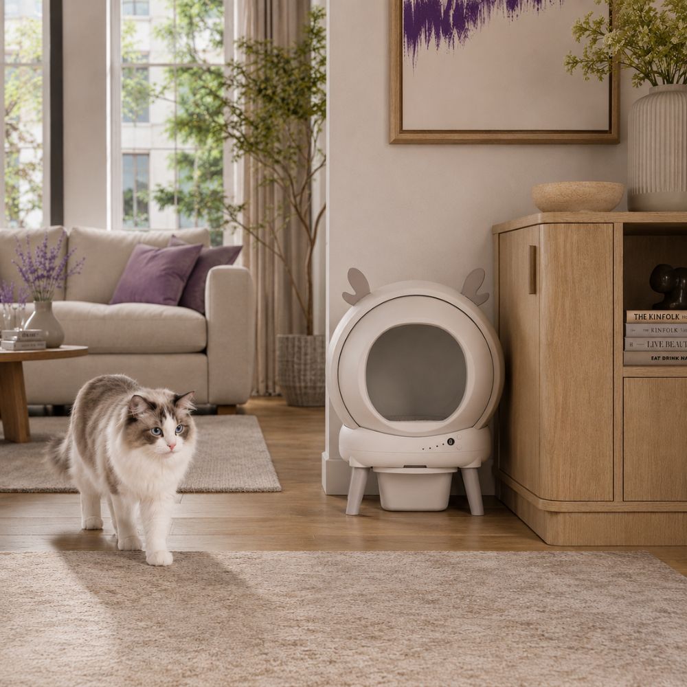 Feline Maison Cosy enclosed self-cleaning cat litter box modern white design