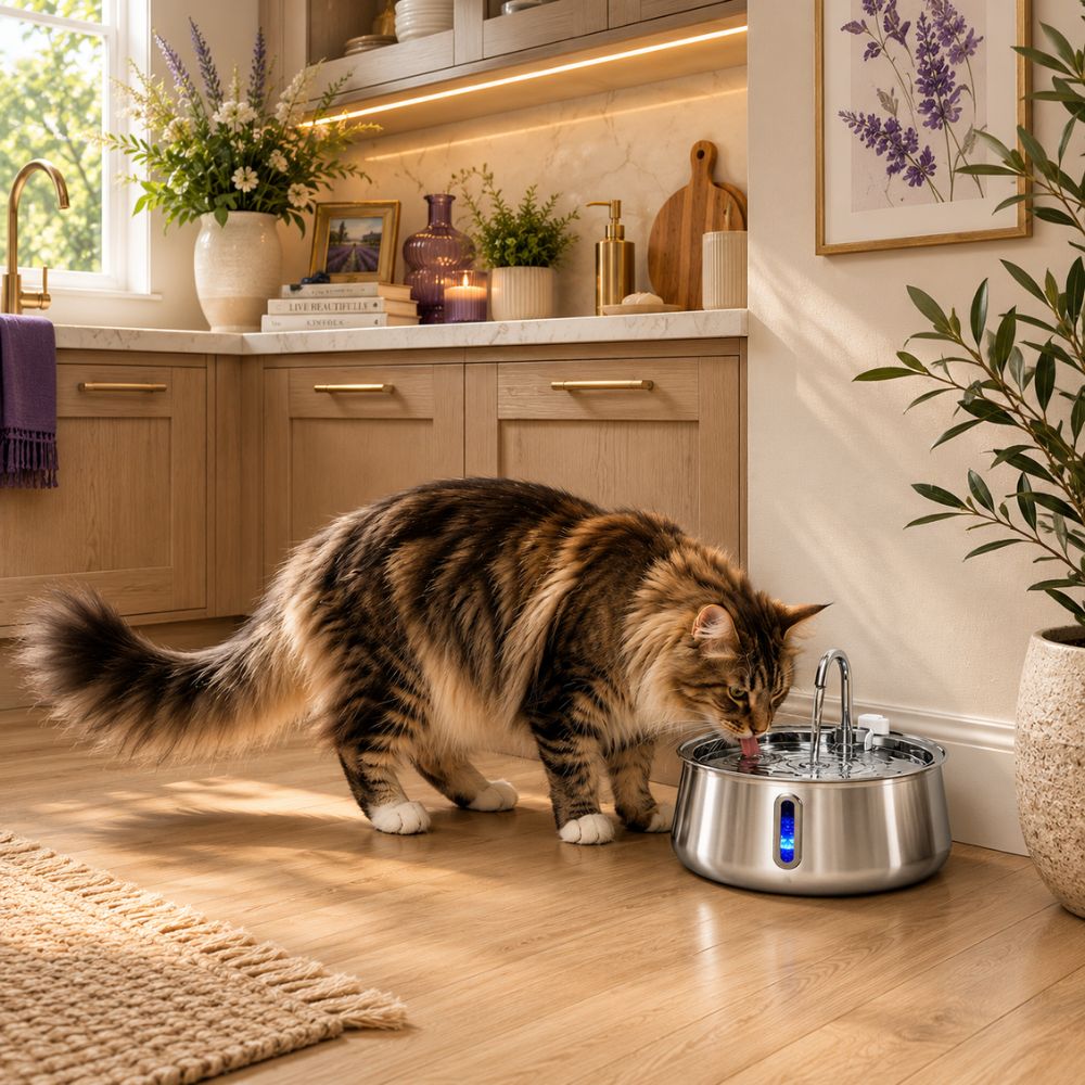 Feline Maison Steel Fountain 304 stainless steel cat water fountain in modern British kitchen