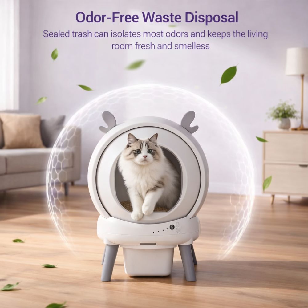 Smart self-cleaning litter box with app control and safety sensors