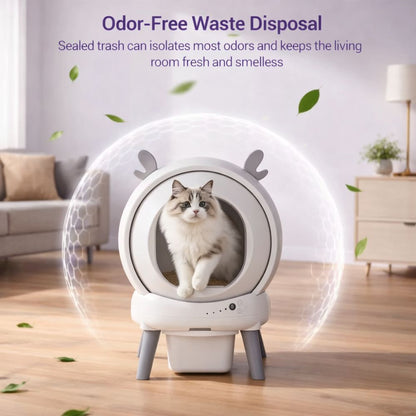 Smart self-cleaning litter box with app control and safety sensors