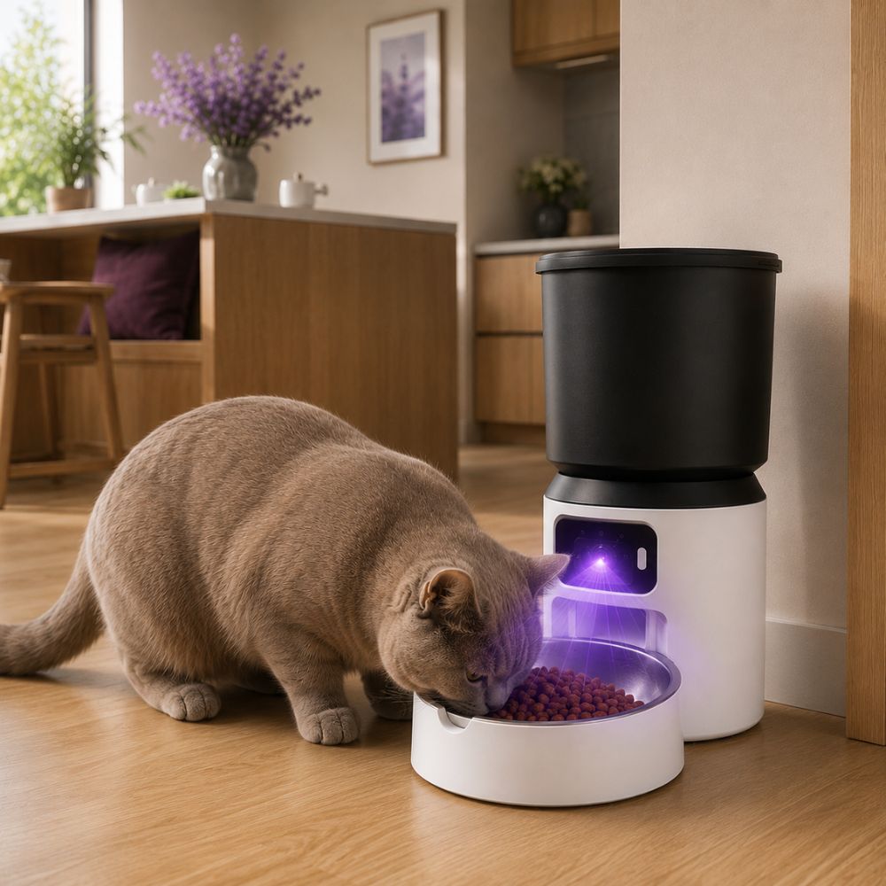 Camera Feeder showing HD camera lens food hopper and stainless steel bowl