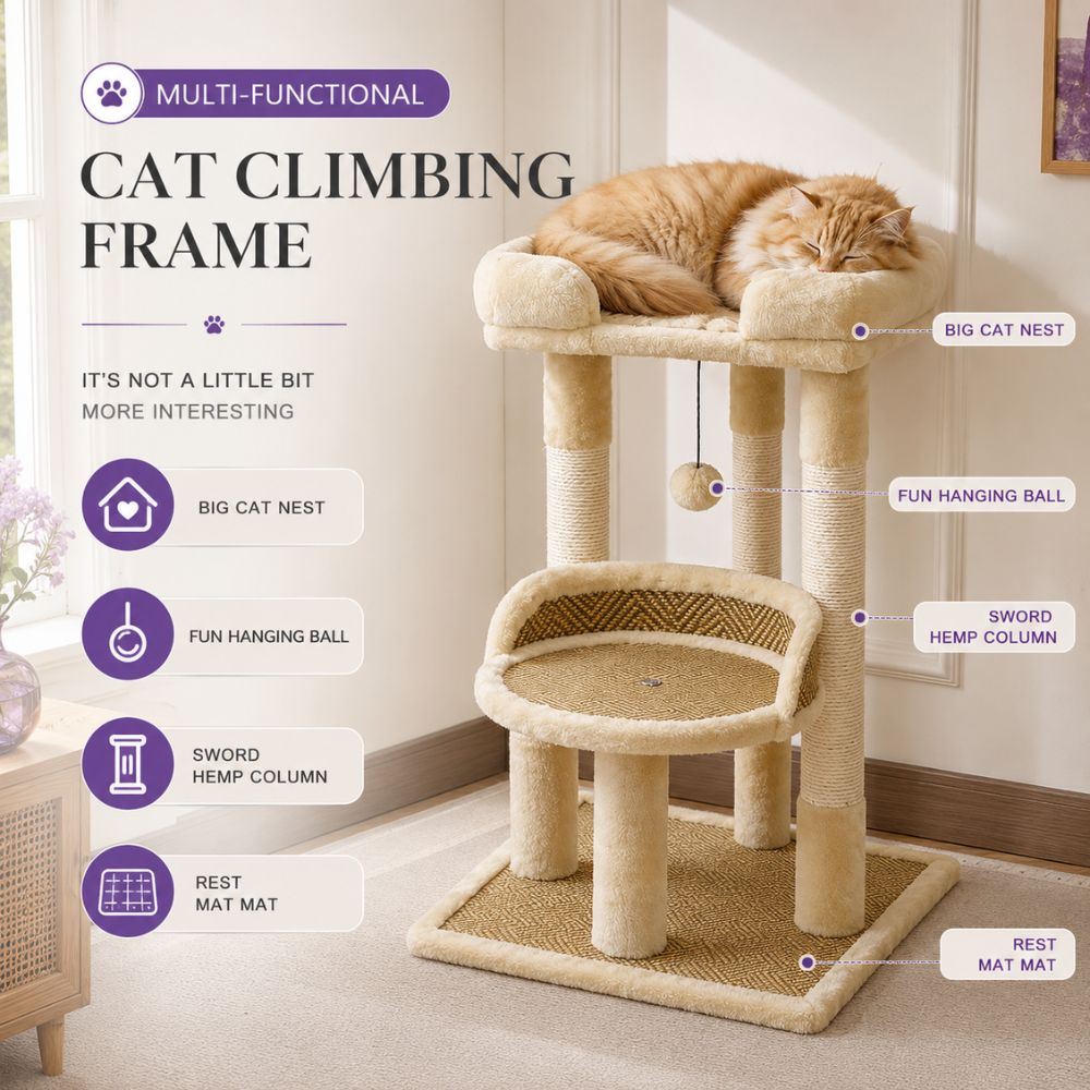 Cat napping in the Feline Maison Loft Tree plush hammock comfortable resting spot