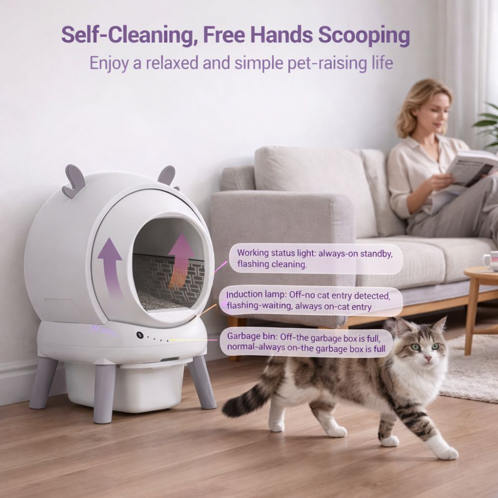 Automatic enclosed litter box for multi-cat homes with quiet cleaning