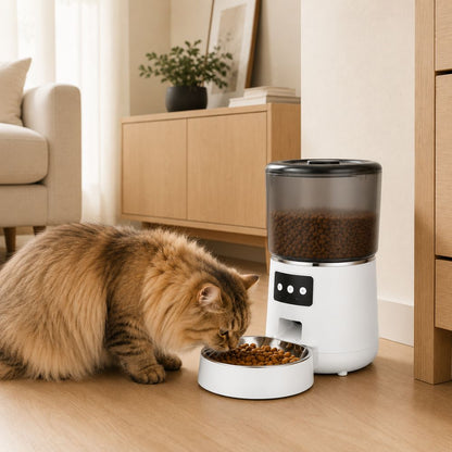 Smart Feeder side view showing transparent 4L food hopper and sealed lid for cat food