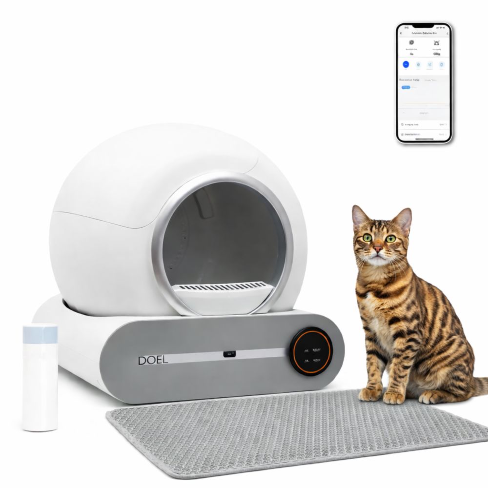 Automatic self-cleaning cat litter box with compact enclosed globe design