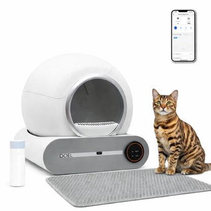 Automatic self-cleaning cat litter box with compact enclosed globe design