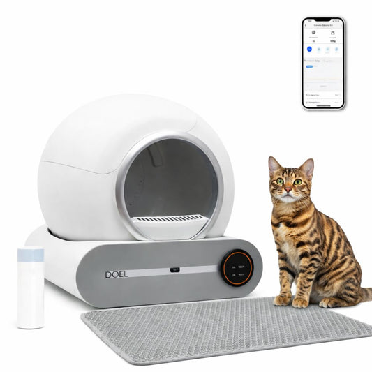 Automatic self-cleaning cat litter box with compact enclosed globe design